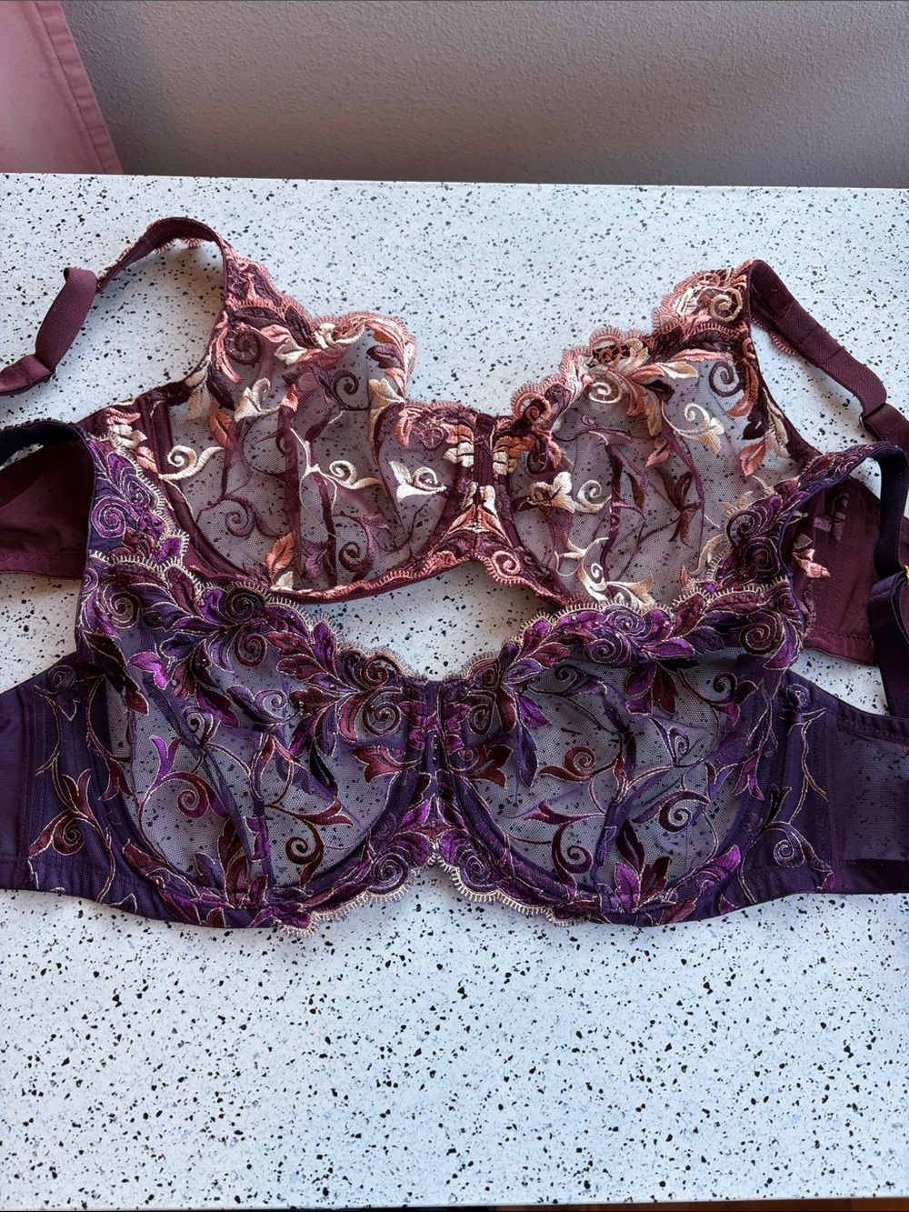Lot of 2 Soma sensual lace unlined bra 34DD embroidered gems sexy colorful